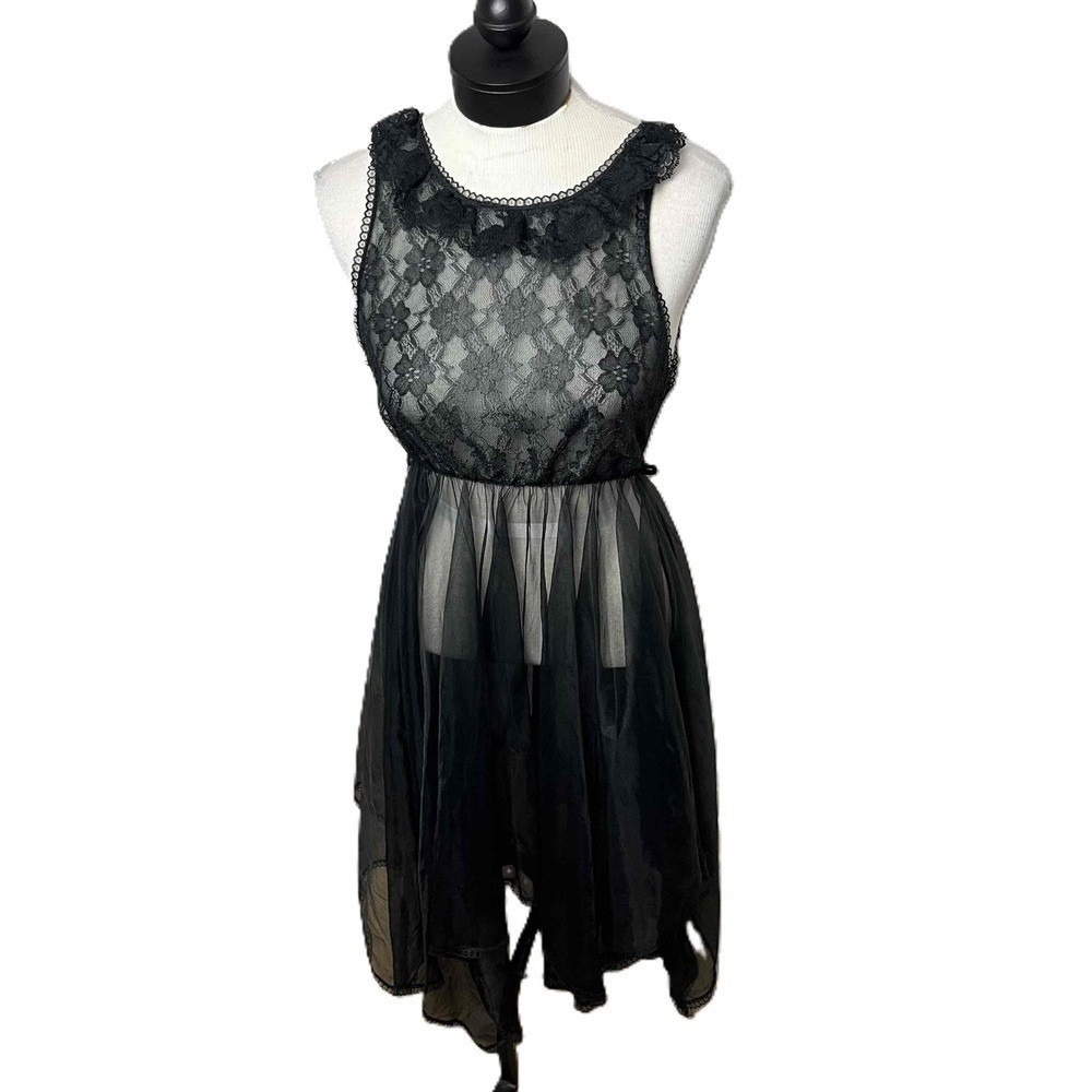 Whimsygoth Sheer Black Sleeveless Lace Bodice Dress Nightgown Small Vintage